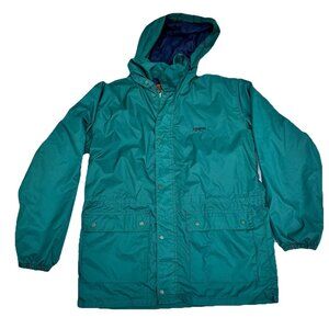 Vintage Stearns Green/Blue Nylon Windbreaker Jacket Size Medium w/ Hoodie Long